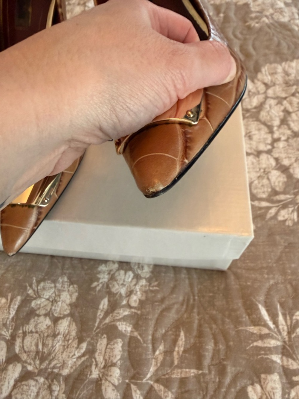 Coach Brown Croc-Embossed Pointed Toe Pumps with Gold Plate - Picture 6 of 12